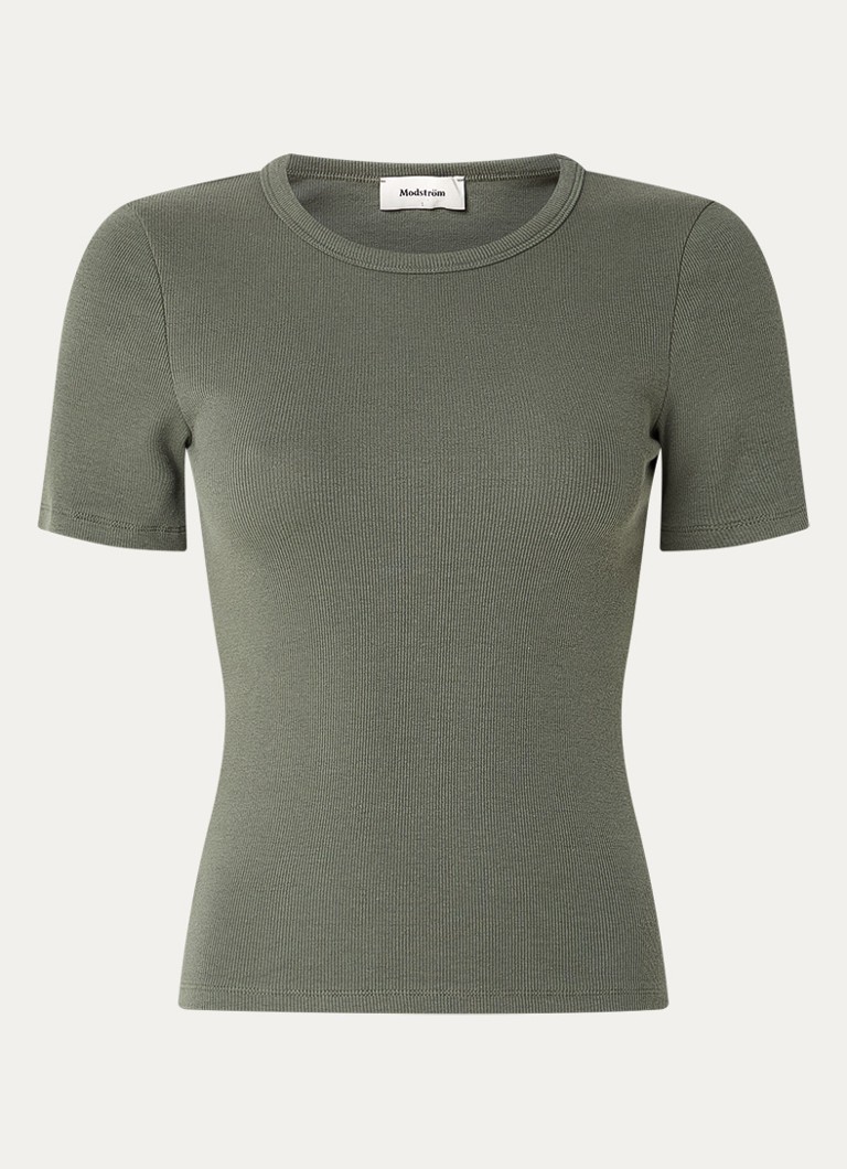 Modström Dames Igor T-shirt met ribstructuur in de kleur Legergroen