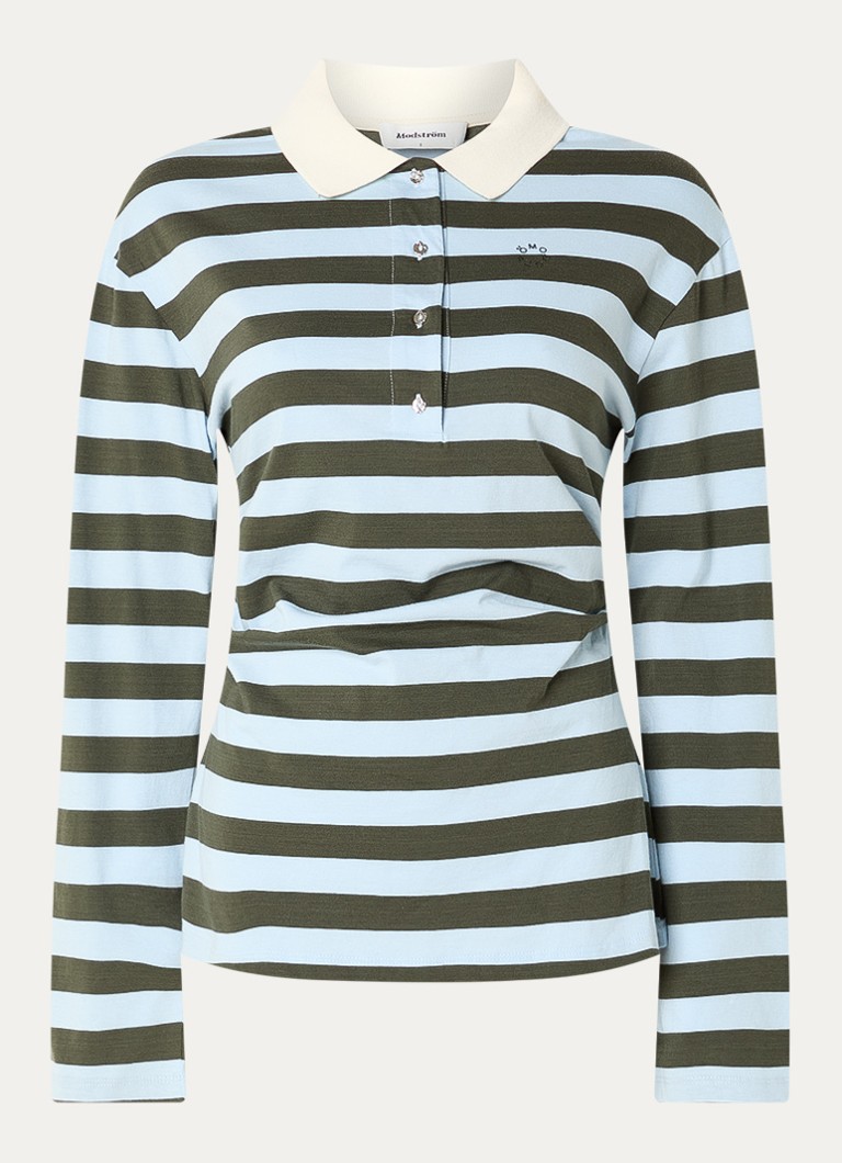 Modström Dames Stetson polo met streepprint en ruches in de kleur Lichtblauw
