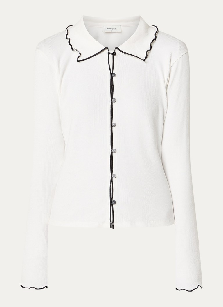 Modström Dames Solei vest met ribstructuur en contrasterende bies in de kleur Gebroken wit