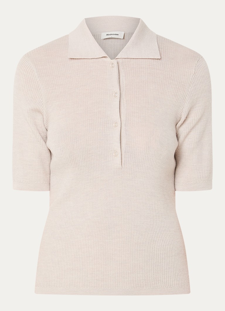 Modström Dames Hiroki ribgebreide top van wol met polokraag in de kleur Beige