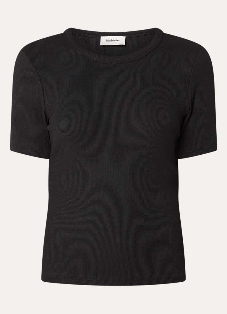 Modström Dames Igor T-shirt met ribstructuur in de kleur Zwart