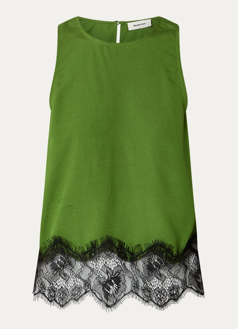 Modström Dames Birk top van satijn met details van kant in de kleur Groen