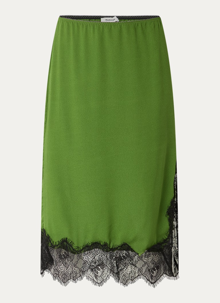 Modström Dames Birk midi rok van satijn met details van kant in de kleur Groen