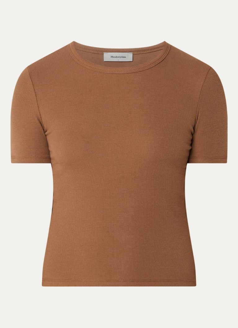 Modström Dames Igor T-shirt met ribstructuur in de kleur Roestbruin