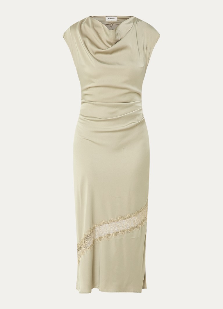 Modström Dames Tailor maxi jurk met watervalhals en details van kant in de kleur Mosgroen