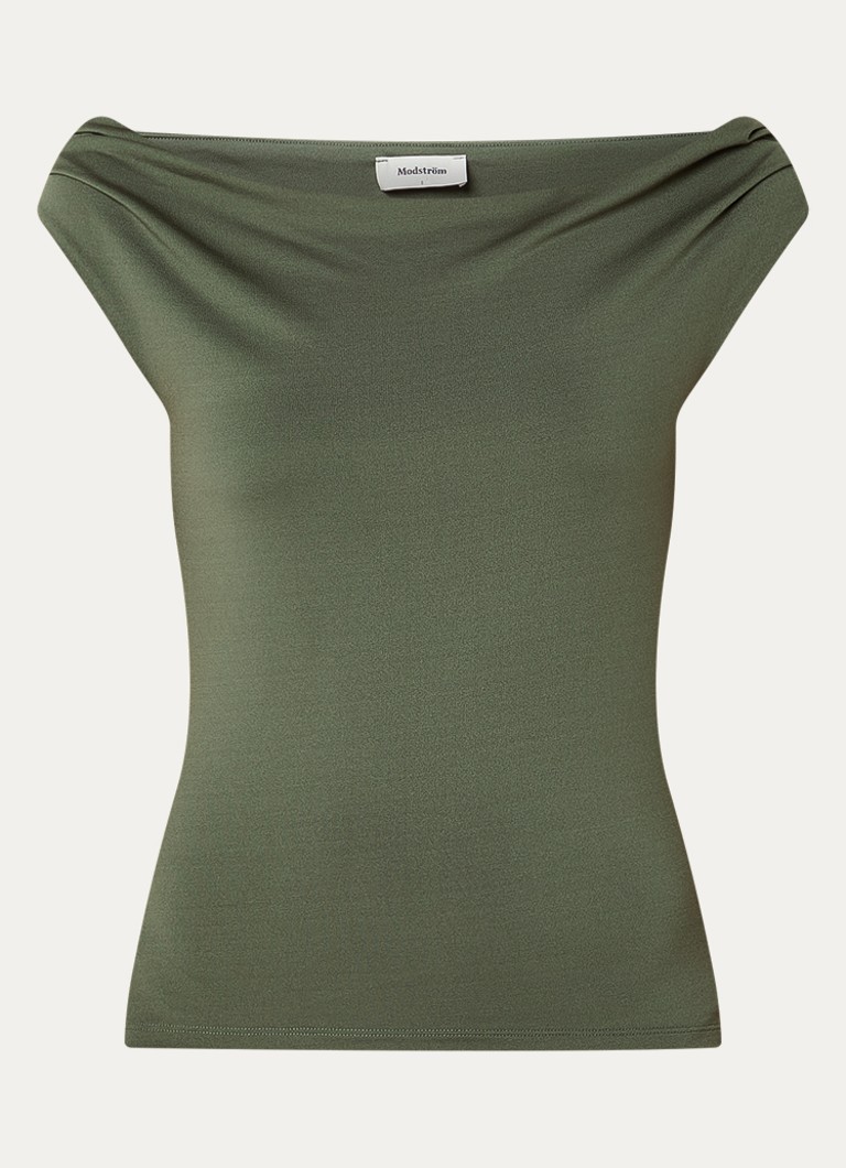 Modström Dames Hima off shoulder top in de kleur Olijfgroen