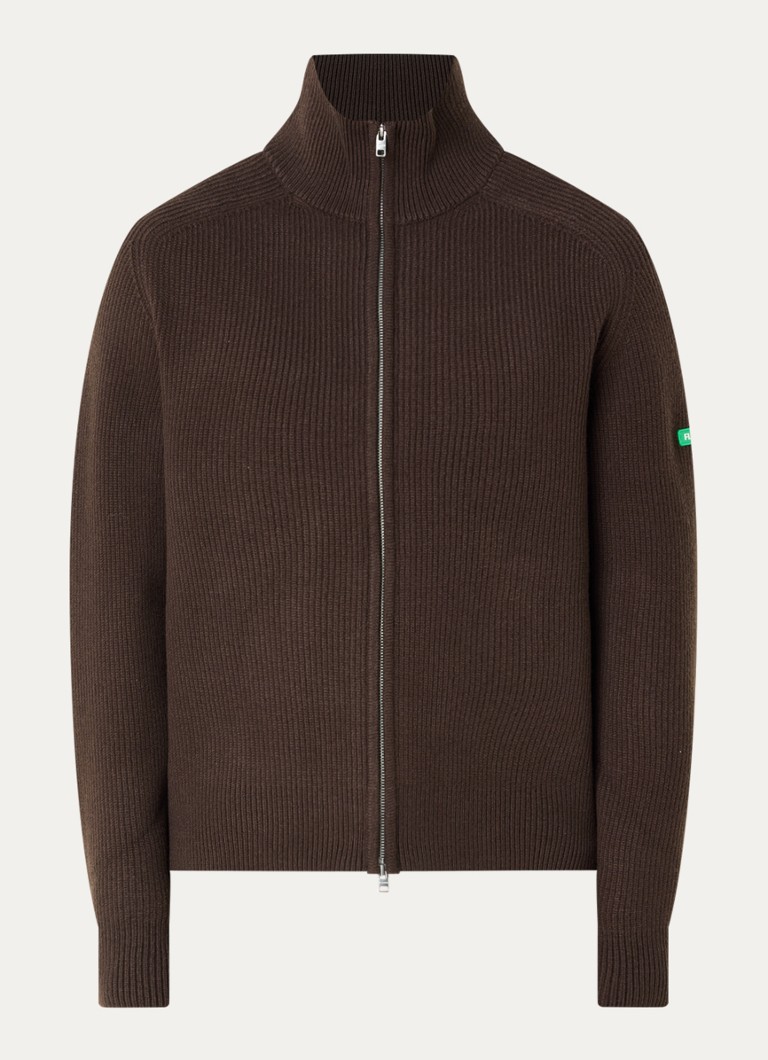 FLÂNEUR Heren Badge ribgebreid vest van wol met logo in de kleur Bruin, maat: M