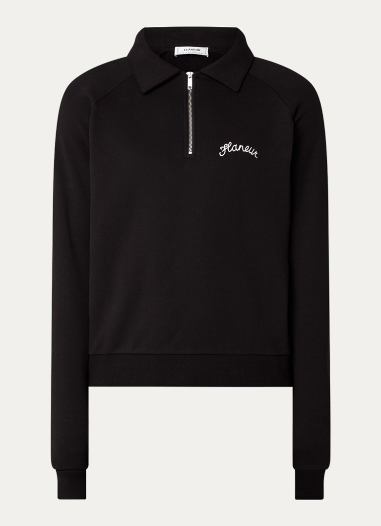 FLÂNEUR Heren Raglan trui met halve rits en logoborduring in de kleur Zwart, maat: S