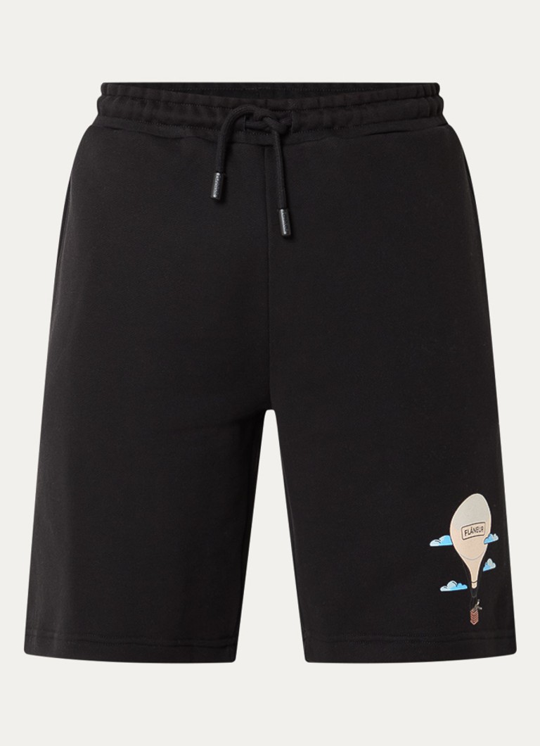 FLÂNEUR Heren Aeronautique straight fit korte joggingbroek met logo in de kleur Zwart, maat: M