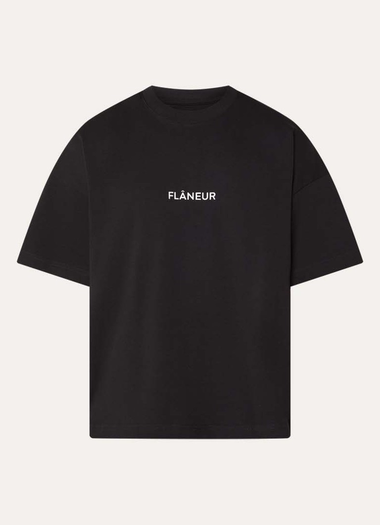 FLÂNEUR Heren Box T-shirt met logoprint in de kleur Zwart, maat: S