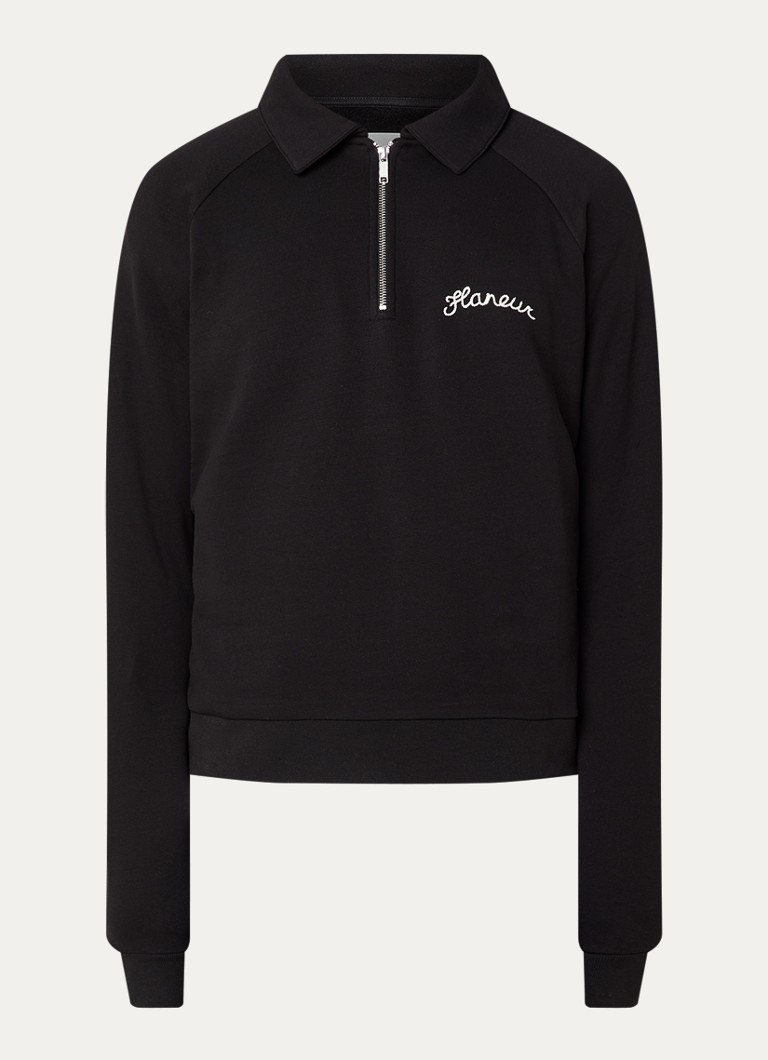 FLÂNEUR Heren Raglan sweater met halve rits en logoborduring in de kleur Zwart, maat: S