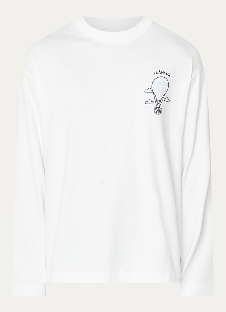FLÂNEUR Heren Balloon longsleeve met logo- en backprint in de kleur Wit, maat: S