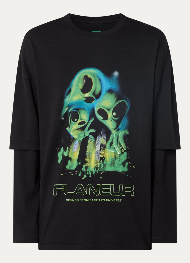 FLÂNEUR Heren City Aliens longsleeve met print in de kleur Antraciet, maat: XL