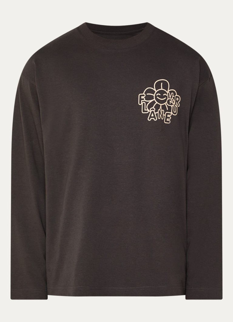 FLÂNEUR Heren Happy Flower longsleeve met logo- en backprint in de kleur Bruin, maat: S