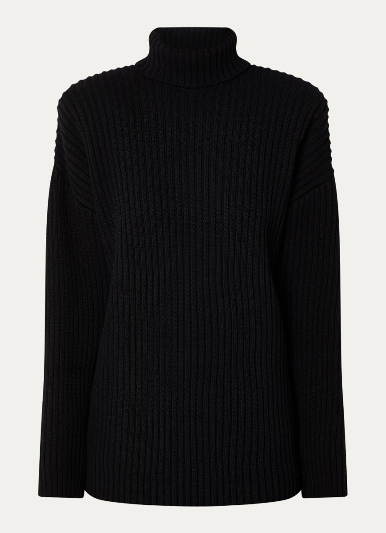 The Frankie Shop Dames Lindall ribgebreide trui in wolblend met col en schoudervulling in de kleur Zwart, maat: M