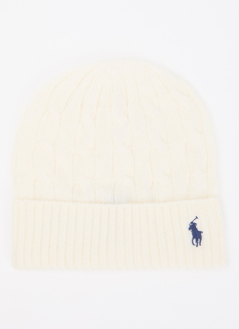 Ralph Lauren Dames Kabelgebreide muts in kasjmierblend met logoborduring in de kleur Ivoor, maat: OSZ
