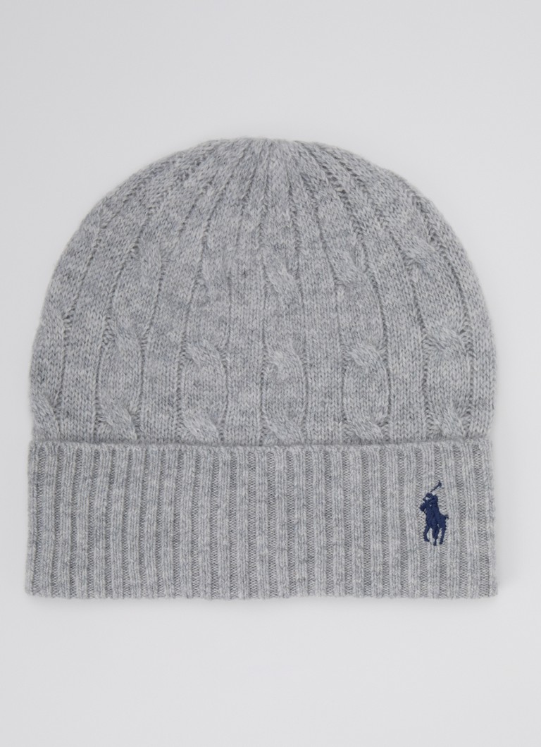 Ralph Lauren Dames Kabelgebreide muts in kasjmierblend met logoborduring in de kleur Grijs, maat: ONE SIZE