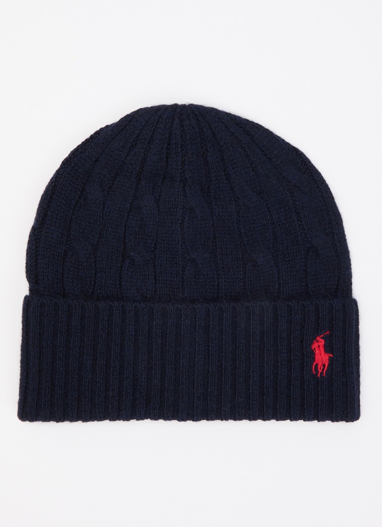Ralph Lauren Dames Kabelgebreide muts in kasjmierblend met logoborduring in de kleur Donkerblauw, maat: OSZ