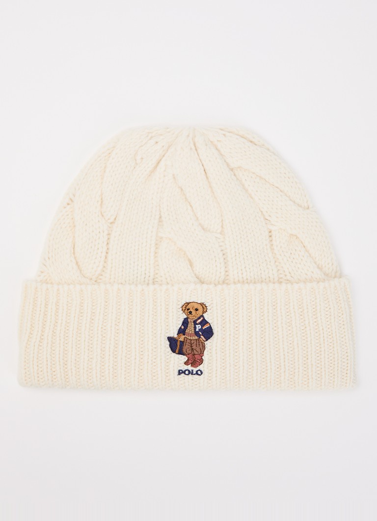 Ralph Lauren Dames F26 Bear ribgebreide muts in wolblend met logoborduring in de kleur Ivoor, maat: OSZ
