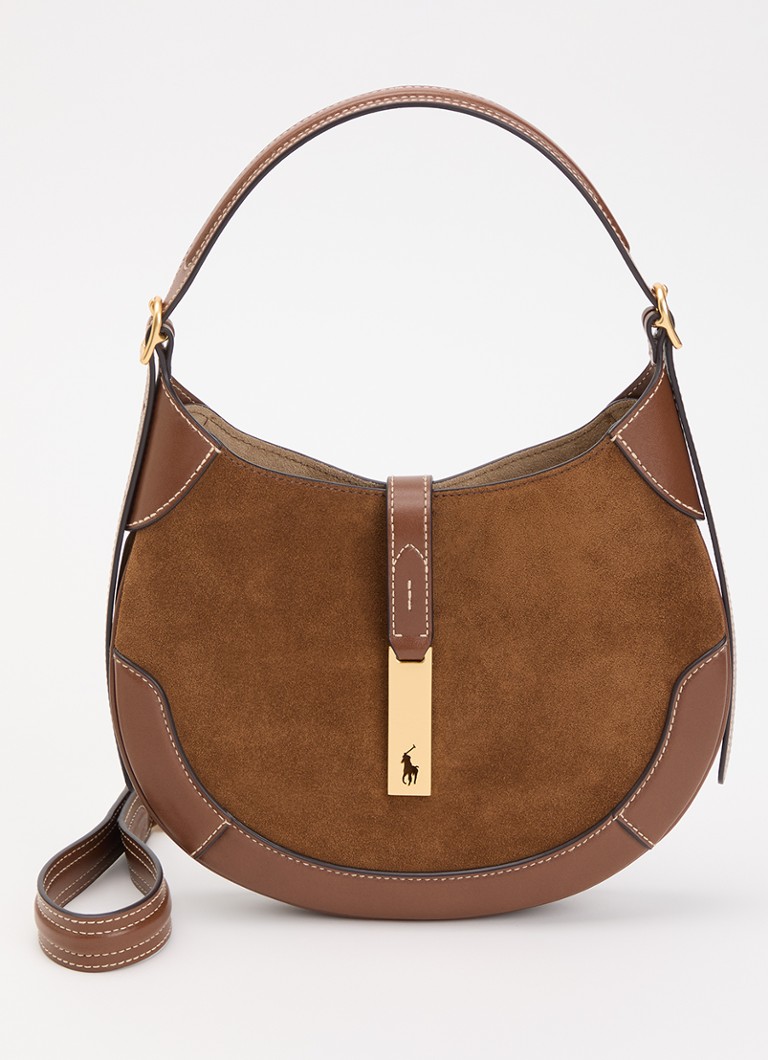 Ralph Lauren Dames ID schoudertas Klein van suède met leren details in de kleur Bruin, maat: OSZ