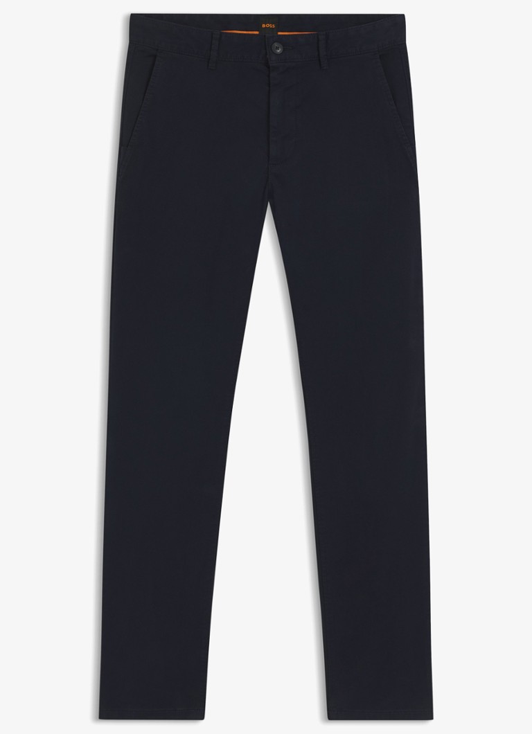BOSS Heren Slim-fit satijnen chino van stretchkatoen in de kleur Dark Blue-404 / Blauw