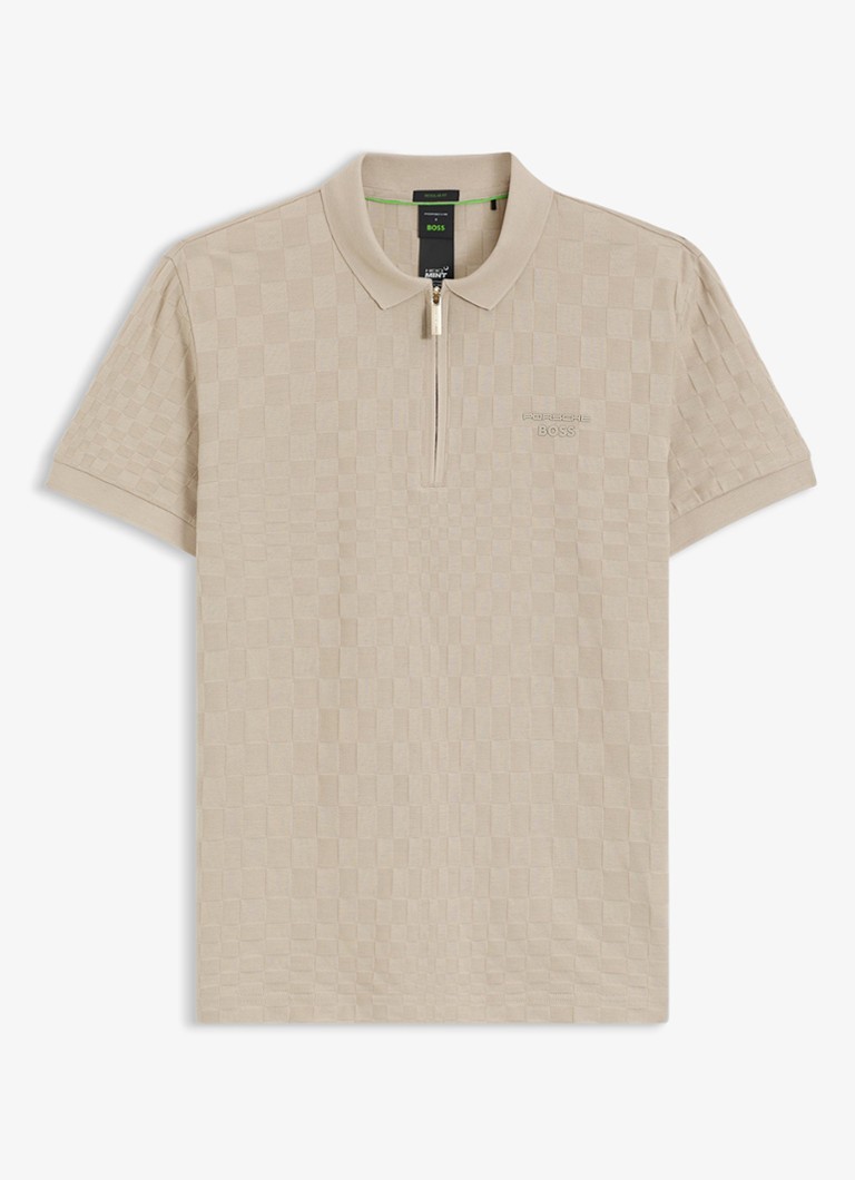 BOSS Heren Regular fit polo met ingebreid patroon en halve rits in de kleur Beige