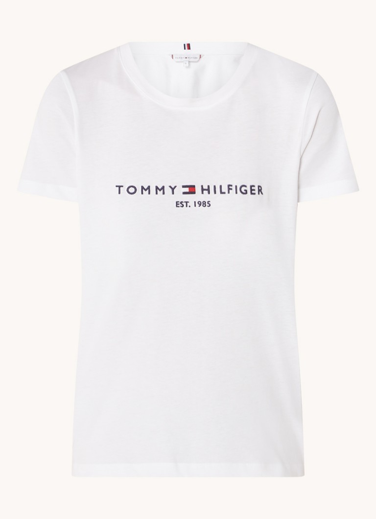 Tommy Hilfiger Dames T-shirt met logoborduring en ronde hals in de kleur Wit