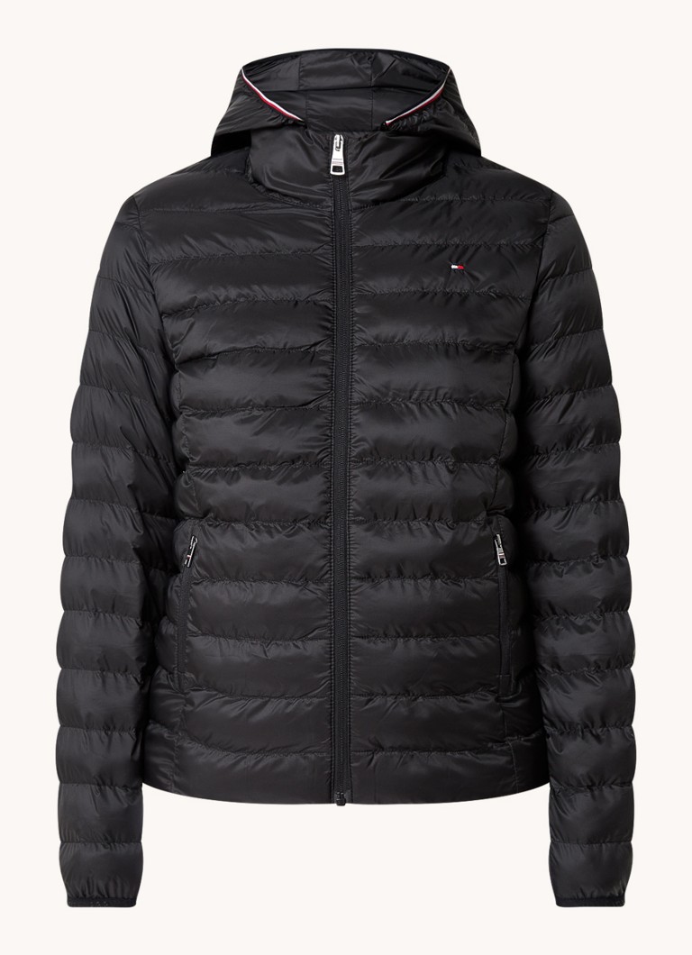 Tommy Hilfiger Dames Gewatteerd jack met logo en ritszakken in de kleur Zwart