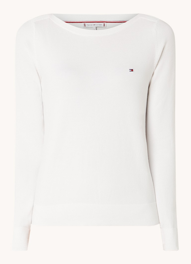 Tommy Hilfiger Dames Fijngebreide trui met logoborduring in de kleur Gebroken wit