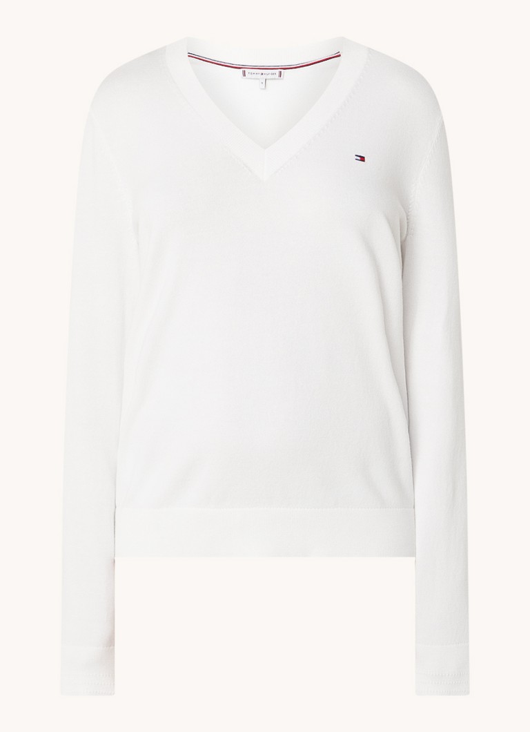 Tommy Hilfiger Dames Fijngebreide pullover met logoborduring in de kleur Gebroken wit