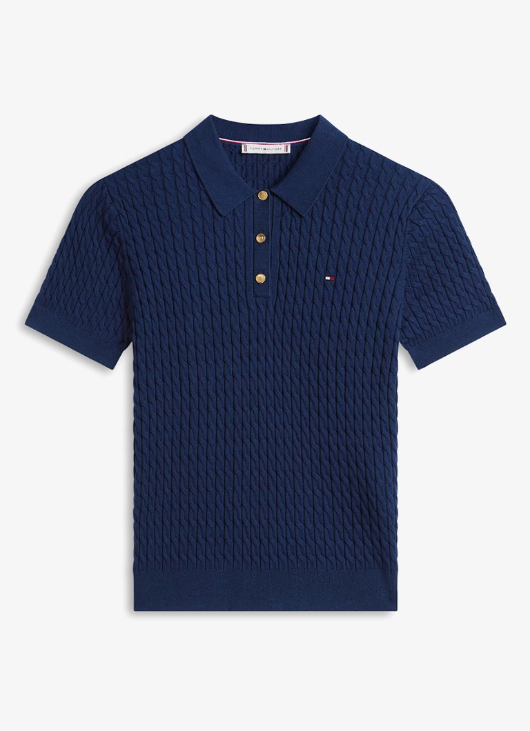 Tommy Hilfiger Dames Kabelgebreide polo met logoborduring in de kleur Donkerblauw