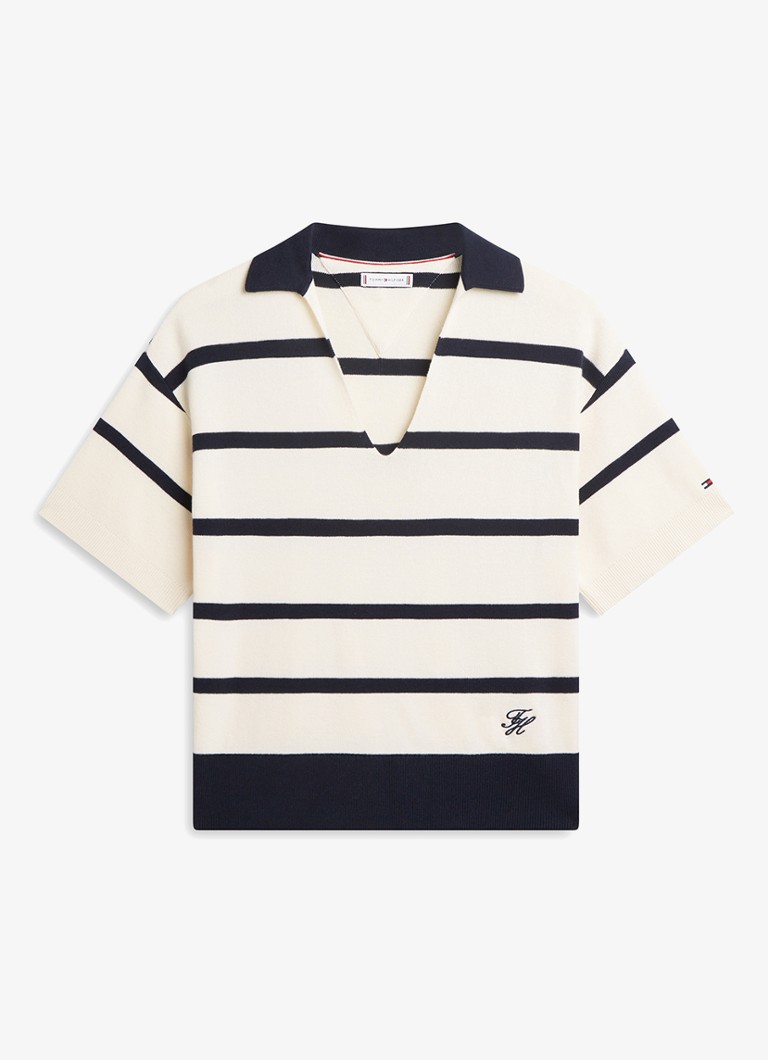 Tommy Hilfiger Dames Fijngebreide trui met streepprint en polokraag in de kleur Beige