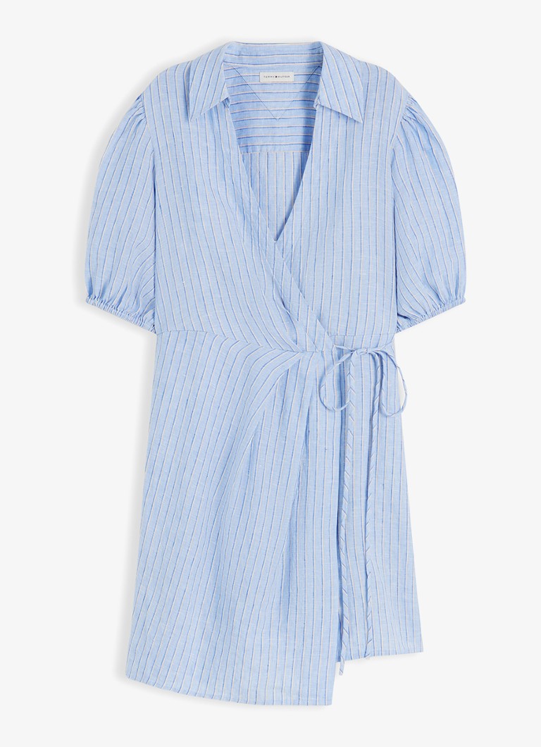 Tommy Hilfiger Dames Mini wikkeljurk met pofmouw in de kleur Lichtblauw