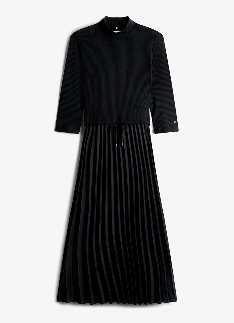 Tommy Hilfiger Dames Midi jurk met ribstructuur en plissé in de kleur Zwart