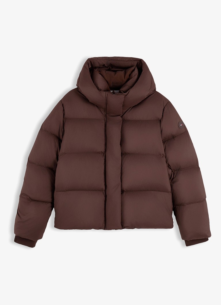 Tommy Hilfiger Dames Puffer jas met donsvulling en capuchon in de kleur Donkerbruin