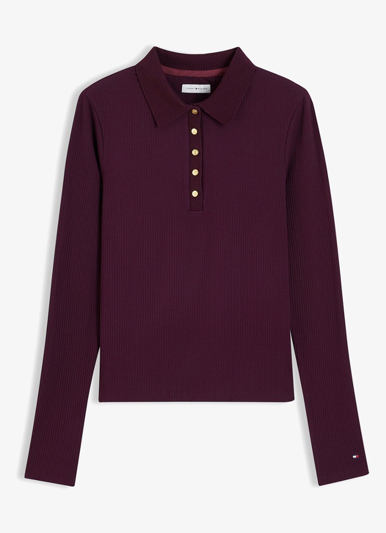 Tommy Hilfiger Dames Ribgebreide polo met knoop details in de kleur Bordeauxrood