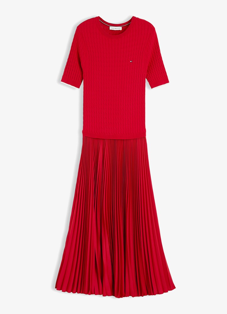 Tommy Hilfiger Dames Kabelgebreide midi jurk met plooien in de kleur Rood