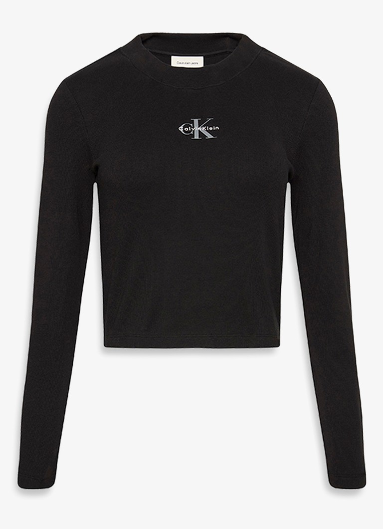 Calvin Klein Dames Longsleeve top met logo en ronde hals in de kleur Zwart