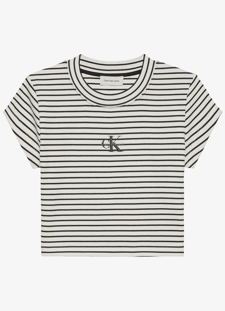 Calvin Klein Dames Cropped T-shirt met logoborduring en streepprint in de kleur Zwart