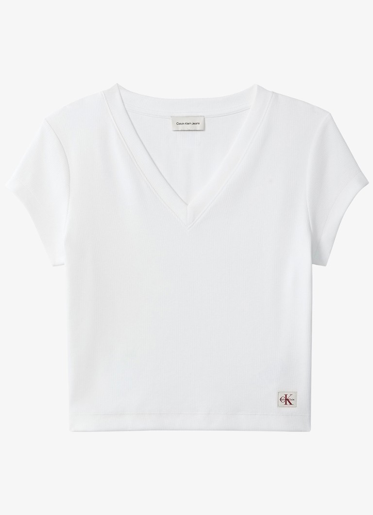 Calvin Klein Dames Ribgebreid cropped T-shirt met V-hals in de kleur Wit