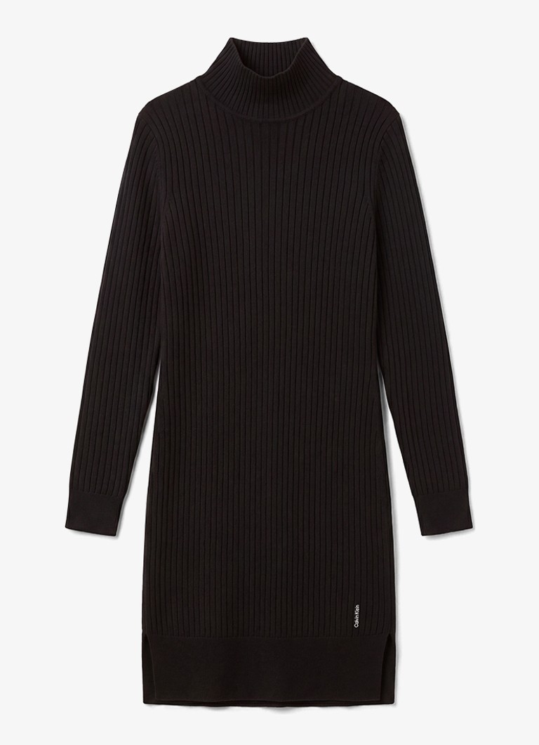Calvin Klein Dames Ribgebreide mini trui-jurk van merinowol met split in de kleur Zwart