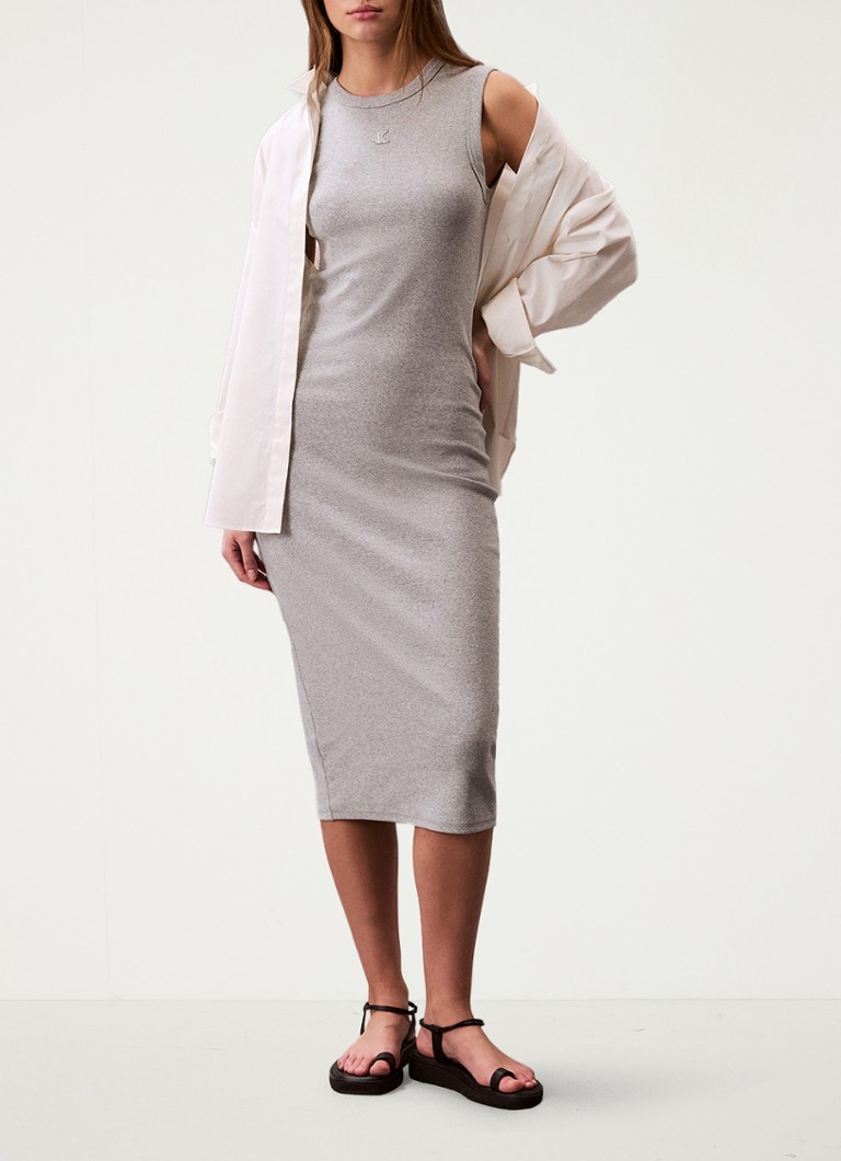 Calvin Klein Dames Midi jurk met ribstructuur met logoborduring in de kleur Grijsmele