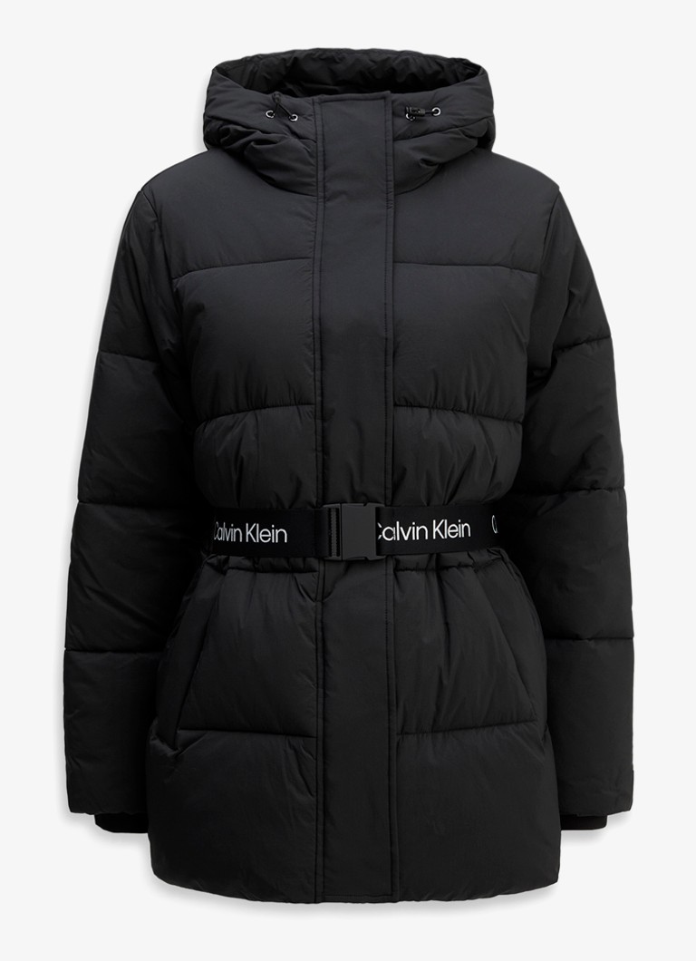 Calvin Klein Dames Puffer jas met ceintuur en logo in de kleur Zwart
