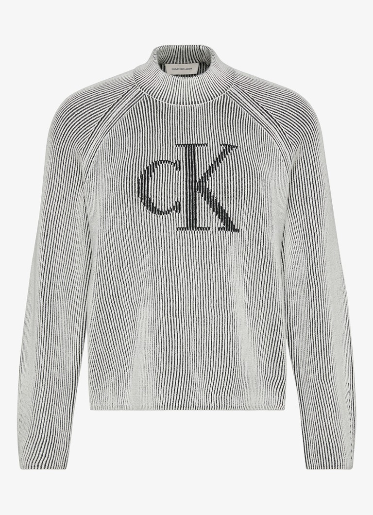 Calvin Klein Dames Ribgebreide trui met grafische logoprint in de kleur Zwart