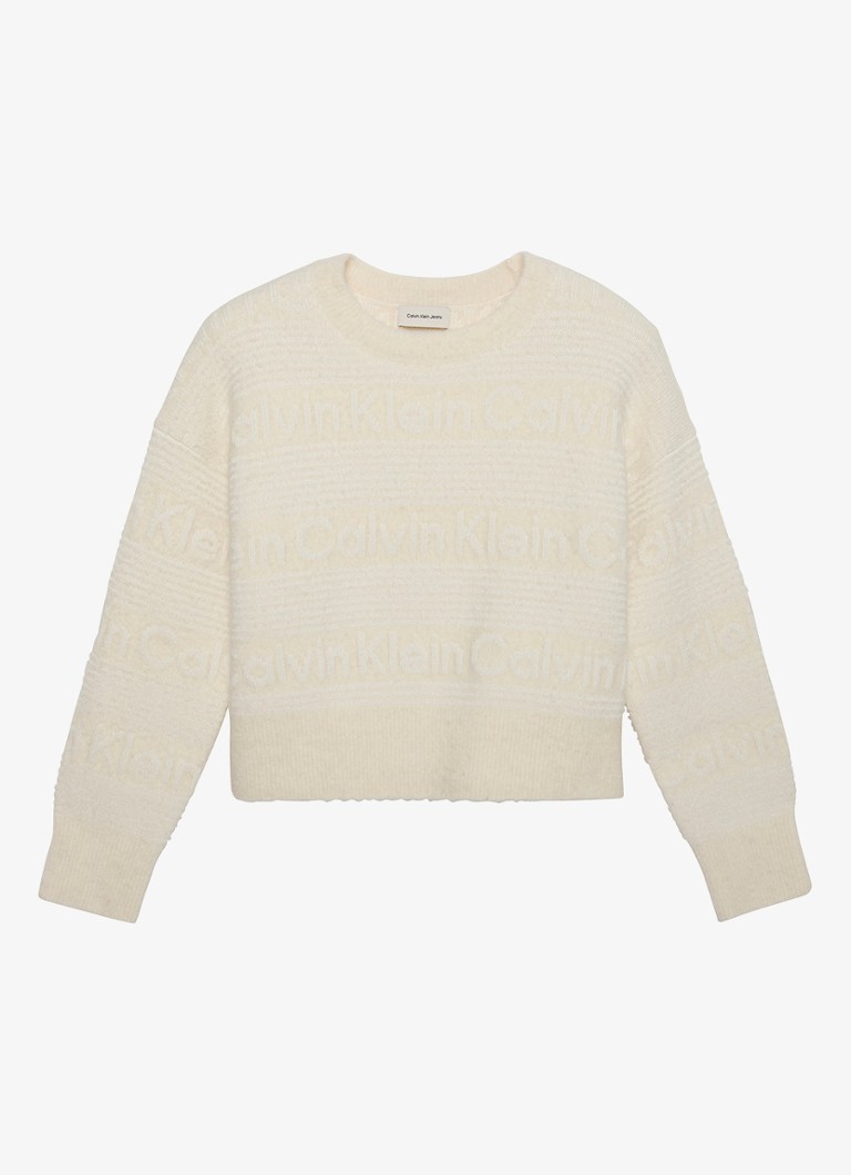 Calvin Klein Dames Grofgebreide trui in wolblend met ingebreid patroon in de kleur Ivoor