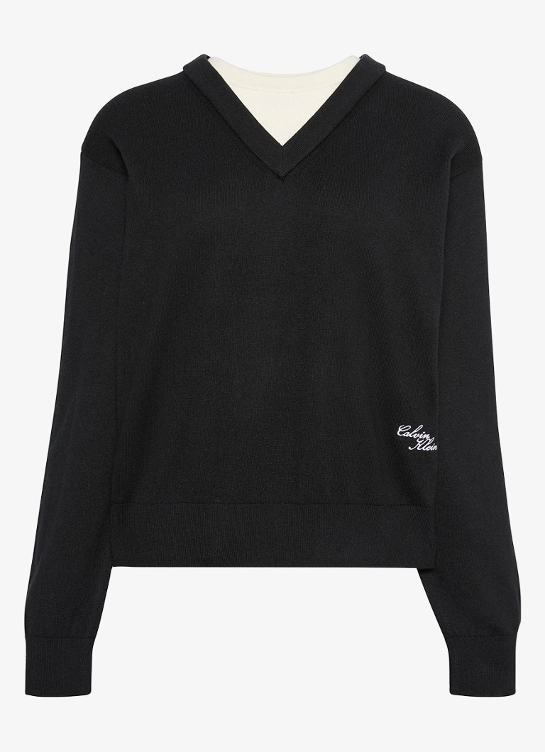 Calvin Klein Dames Fijngebreide trui met logoborduring in de kleur Zwart