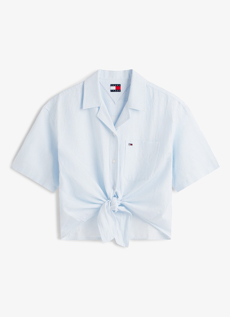 Tommy Hilfiger Dames Cropped blouse in linnenblend met streepprint in de kleur Lichtblauw