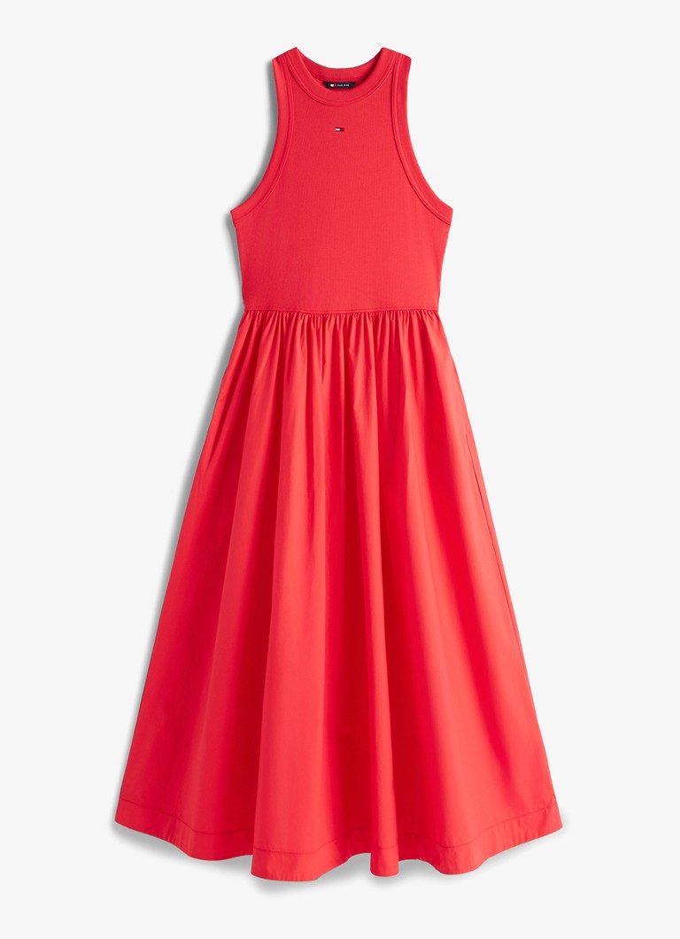 Tommy Hilfiger Dames Midi jurk met plooien en logoborduring in de kleur Red Alert-XK3 / Rood