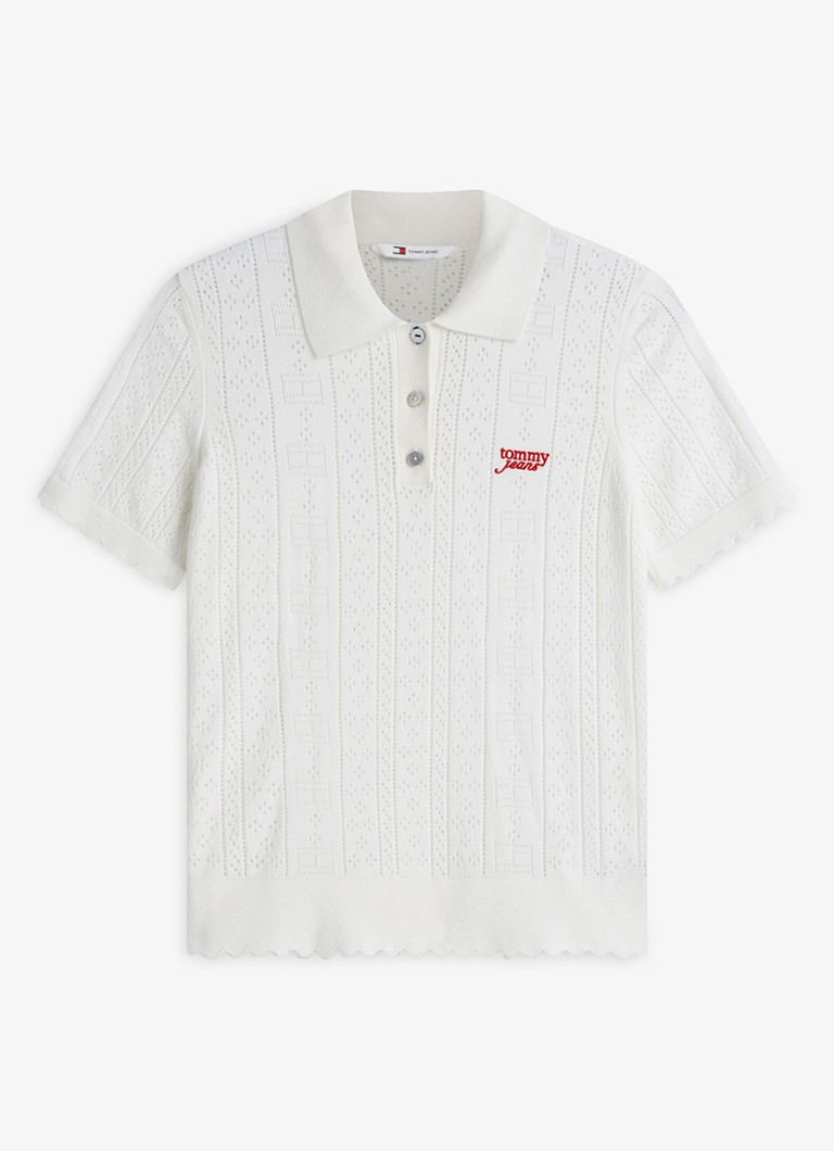 Tommy Hilfiger Dames Fijngebreide polo met opengewerkt dessin in de kleur Gebroken wit