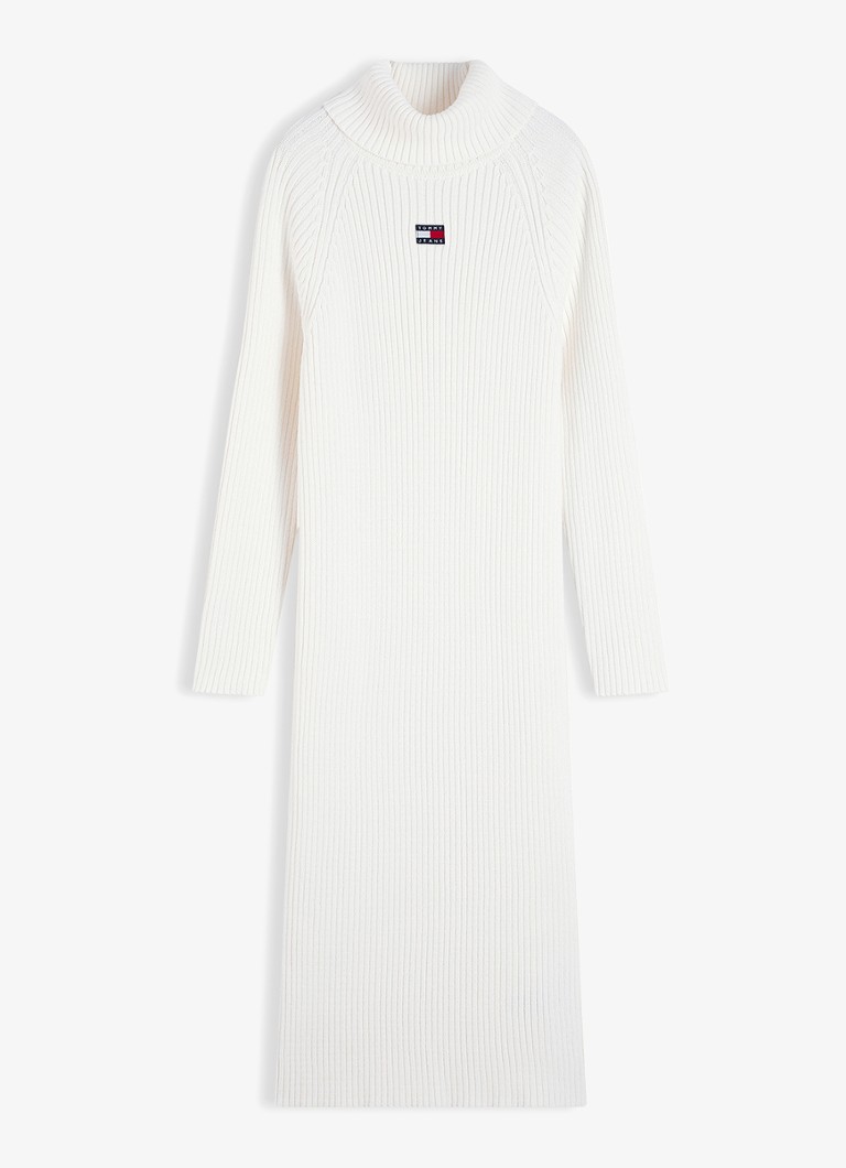 Tommy Hilfiger Dames Grofgebreide midi jurk met logo en col in de kleur Gebroken wit